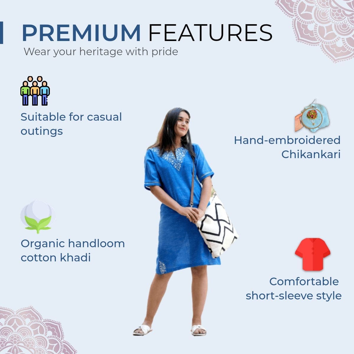 Cotton Chikankari Dress - Blue - Charkha TalesCotton Chikankari Dress - Blue