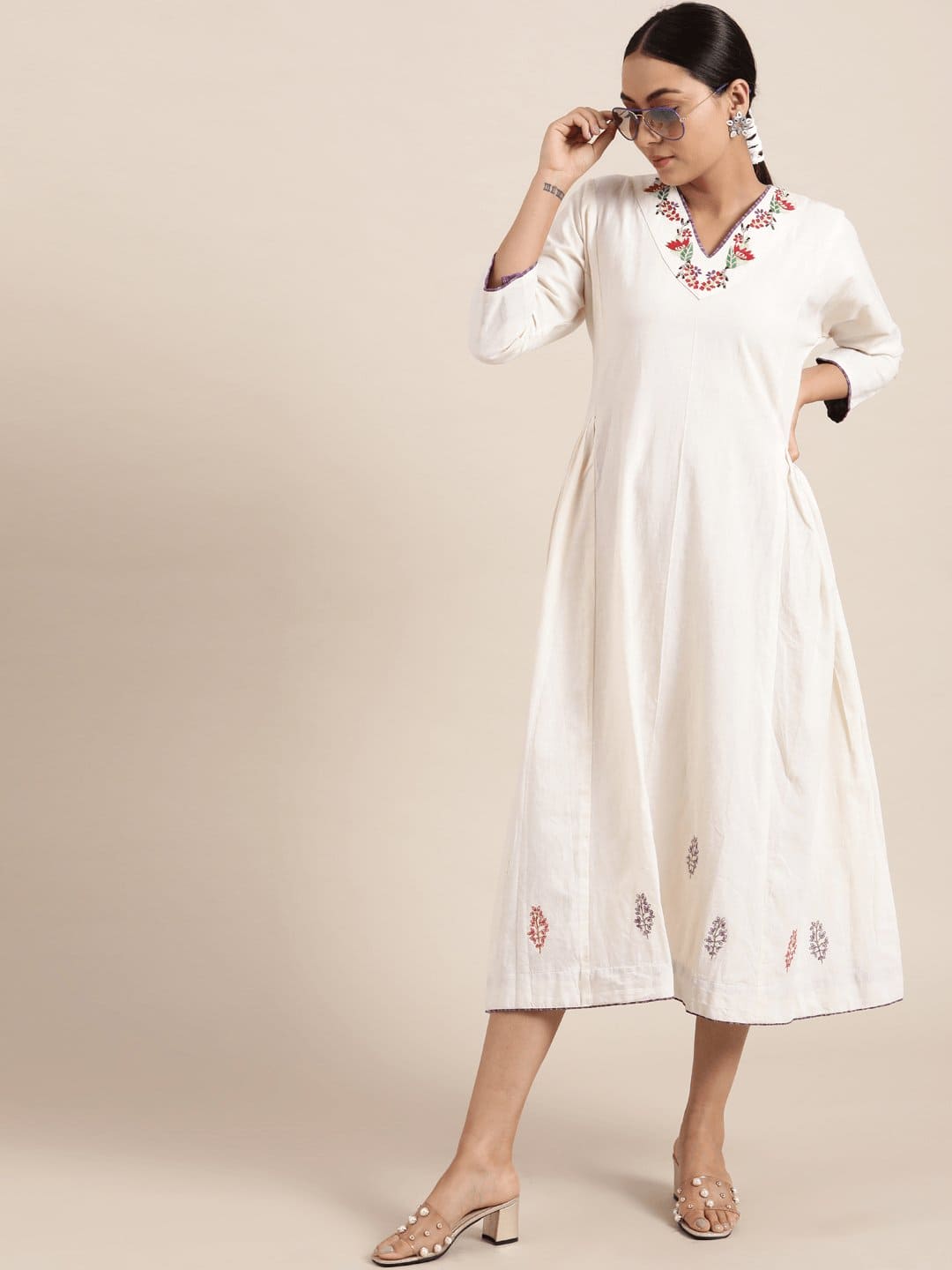 Cotton Embroidered Dress - White - Charkha TalesCotton Embroidered Dress - White