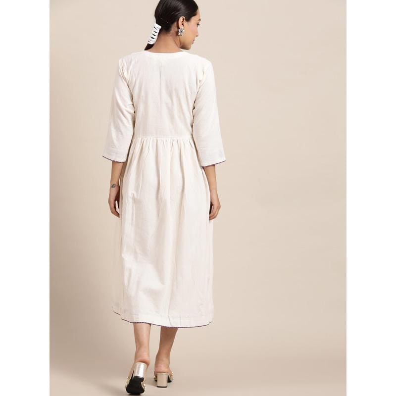 Cotton Embroidered Dress - White - Charkha TalesCotton Embroidered Dress - White