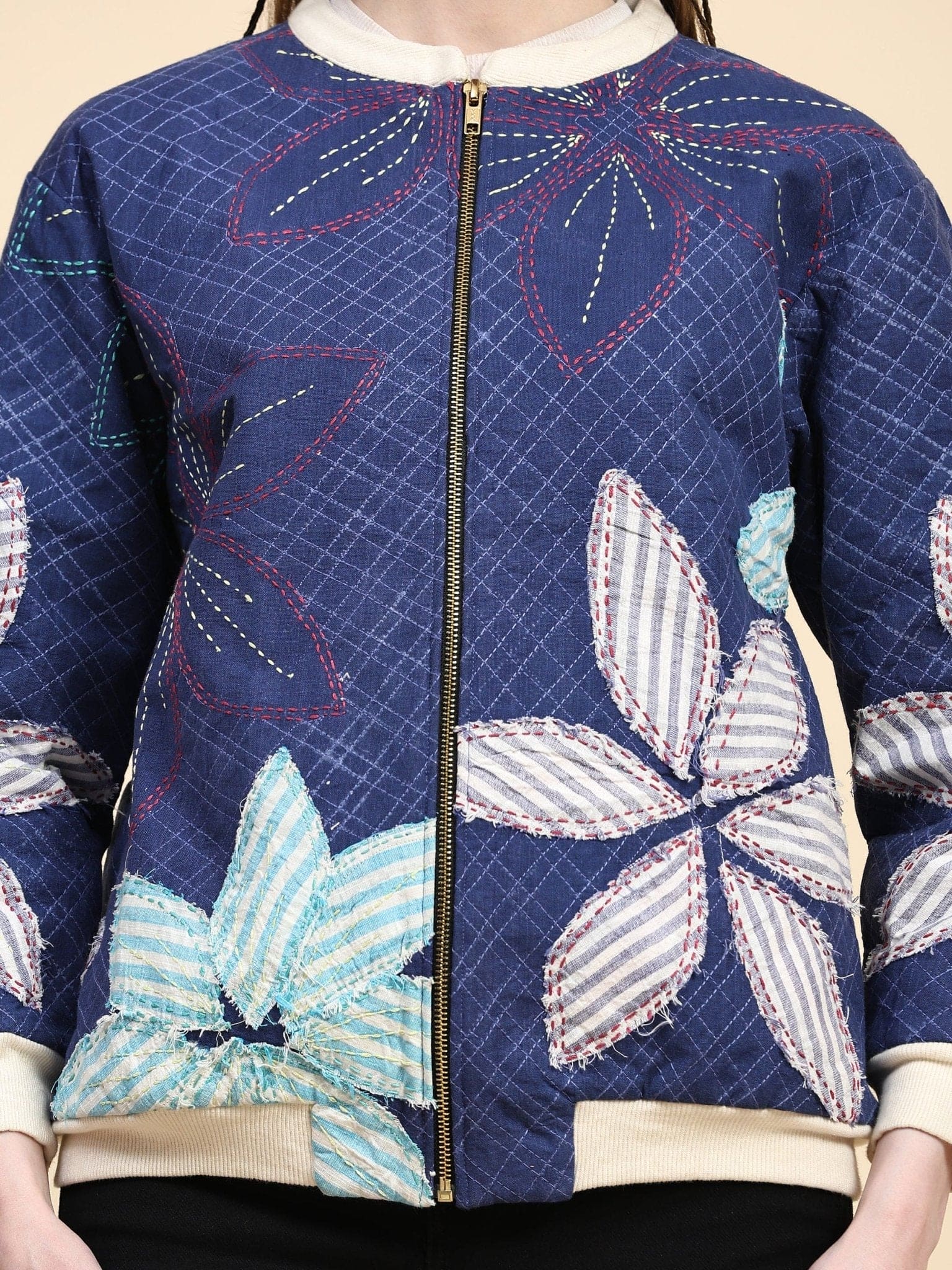 Cotton Khadi Kantha Work Jacket - Blue - Charkha TalesCotton Khadi Kantha Work Jacket - Blue