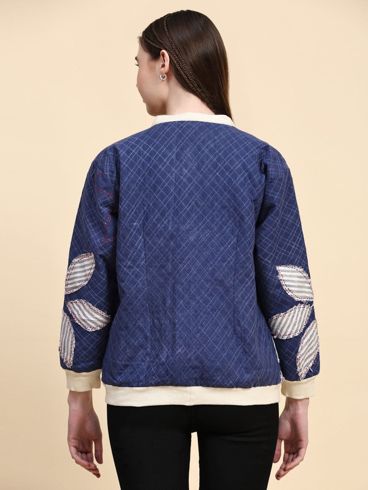 Cotton Khadi Kantha Work Jacket - Blue - Charkha TalesCotton Khadi Kantha Work Jacket - Blue