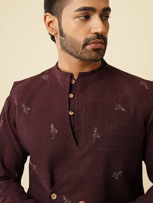 Cotton Kurta with Jacket (Set of 2) - Maroon - Charkha TalesCotton Kurta with Jacket (Set of 2) - Maroon