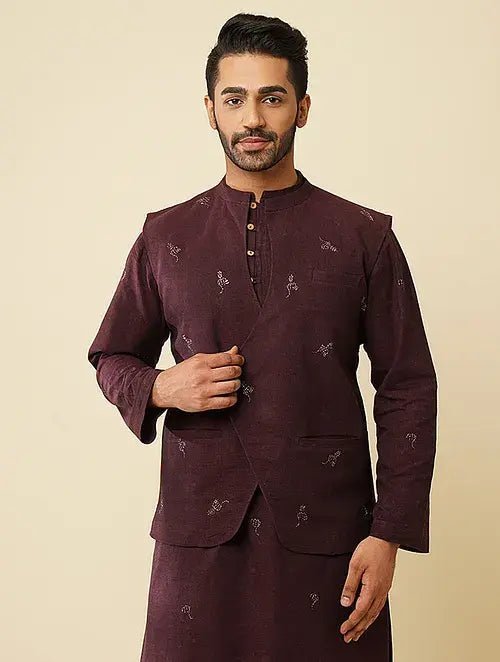 Cotton Kurta with Jacket (Set of 2) - Maroon - Charkha TalesCotton Kurta with Jacket (Set of 2) - Maroon