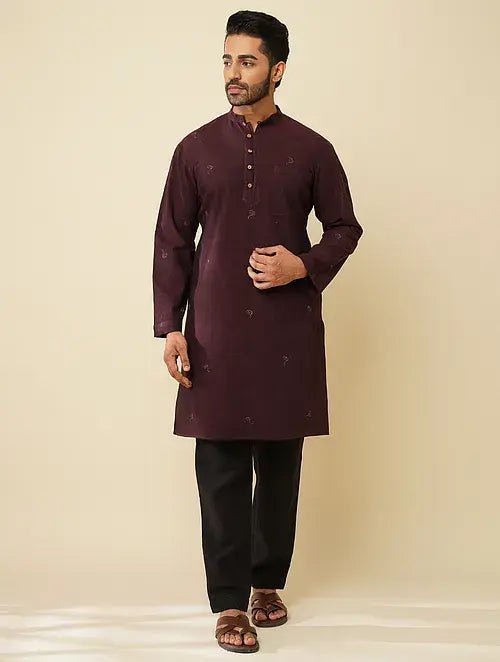 Cotton Kurta with Jacket (Set of 2) - Maroon - Charkha TalesCotton Kurta with Jacket (Set of 2) - Maroon