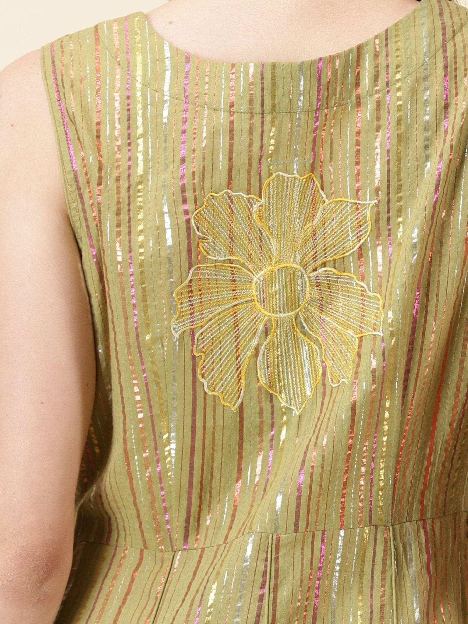 Cotton Lurex Dress - Olive Green - Charkha TalesCotton Lurex Dress - Olive Green