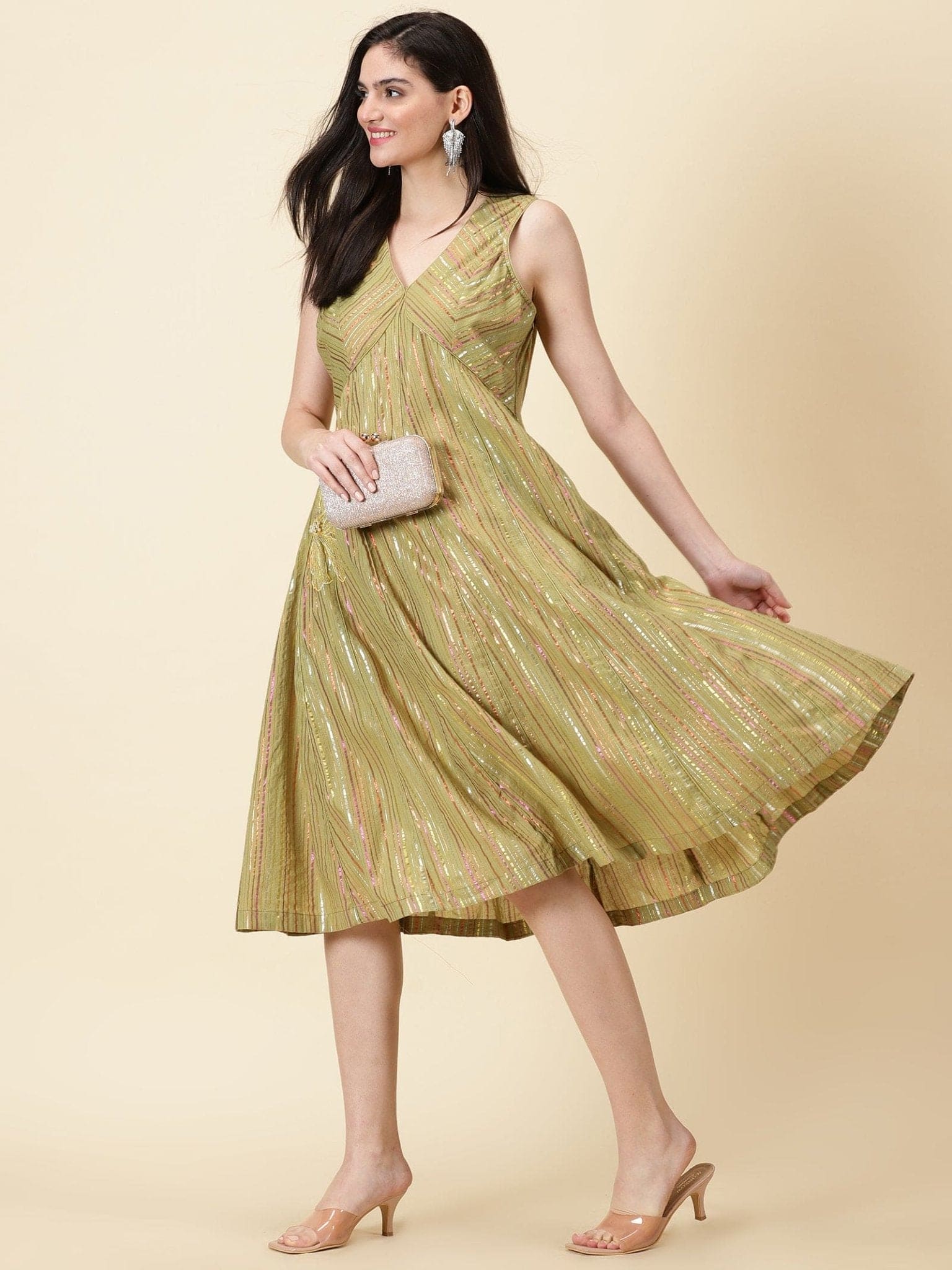 Cotton Lurex Dress - Olive Green - Charkha TalesCotton Lurex Dress - Olive Green