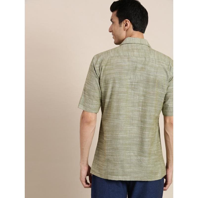 Cotton Men Half Sleeves Shirt - Olive Green - Charkha TalesCotton Men Half Sleeves Shirt - Olive Green