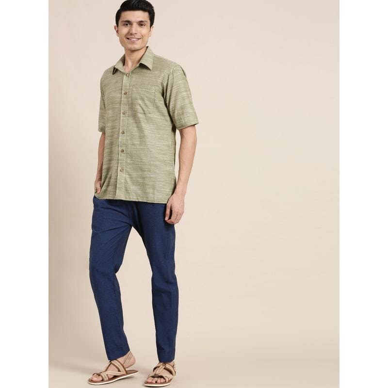 Cotton Men Half Sleeves Shirt - Olive Green - Charkha TalesCotton Men Half Sleeves Shirt - Olive Green