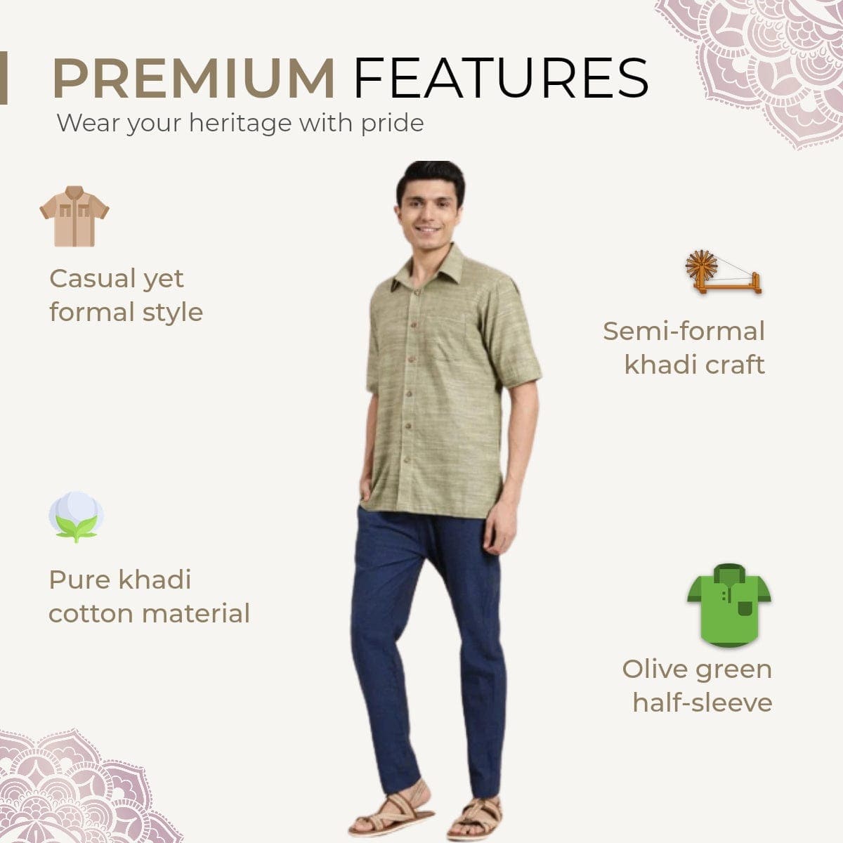 Cotton Men Half Sleeves Shirt - Olive Green - Charkha TalesCotton Men Half Sleeves Shirt - Olive Green