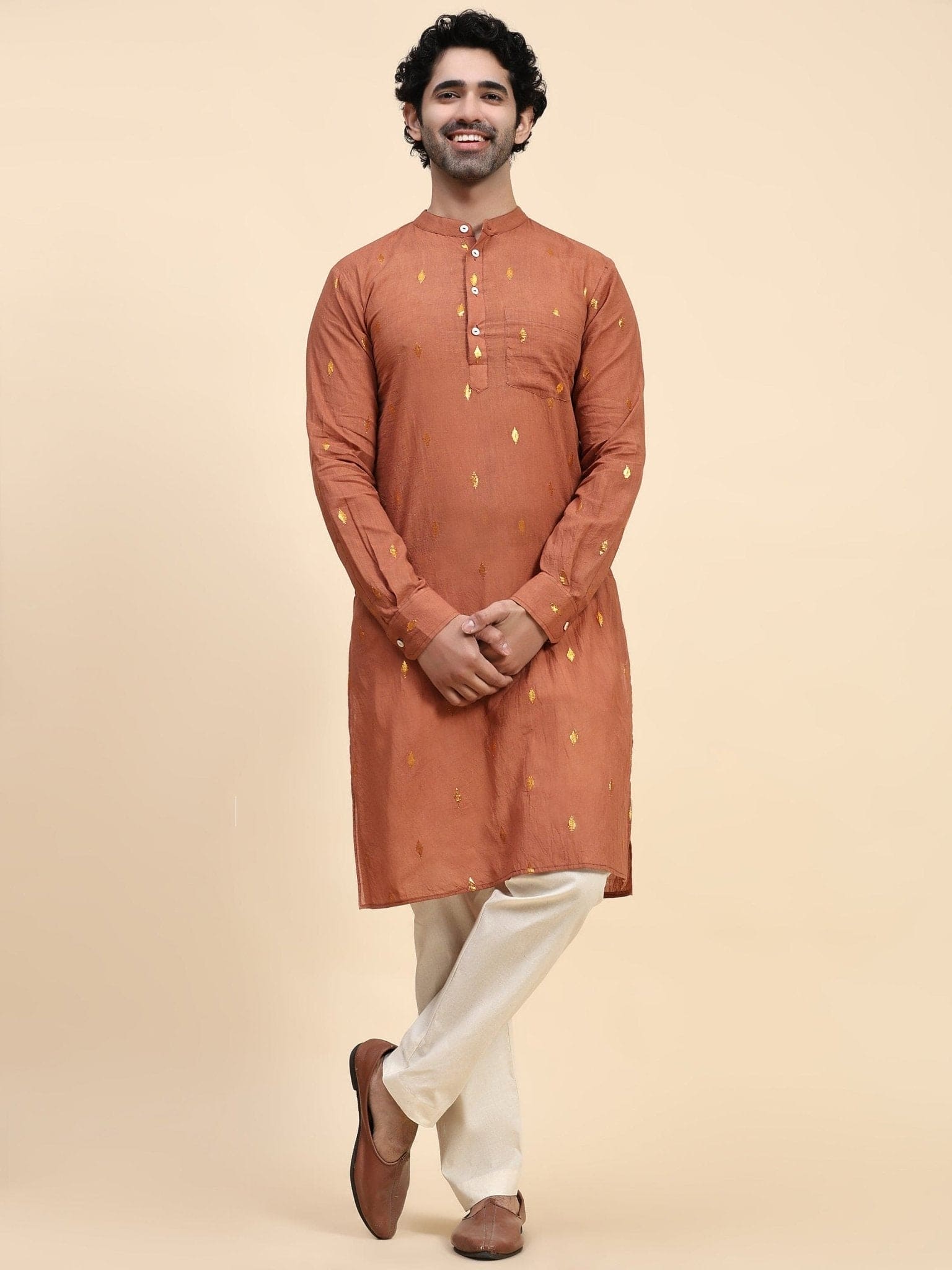 Cotton Men Kurta Set - Rust Brown - Charkha TalesCotton Men Kurta Set - Rust Brown