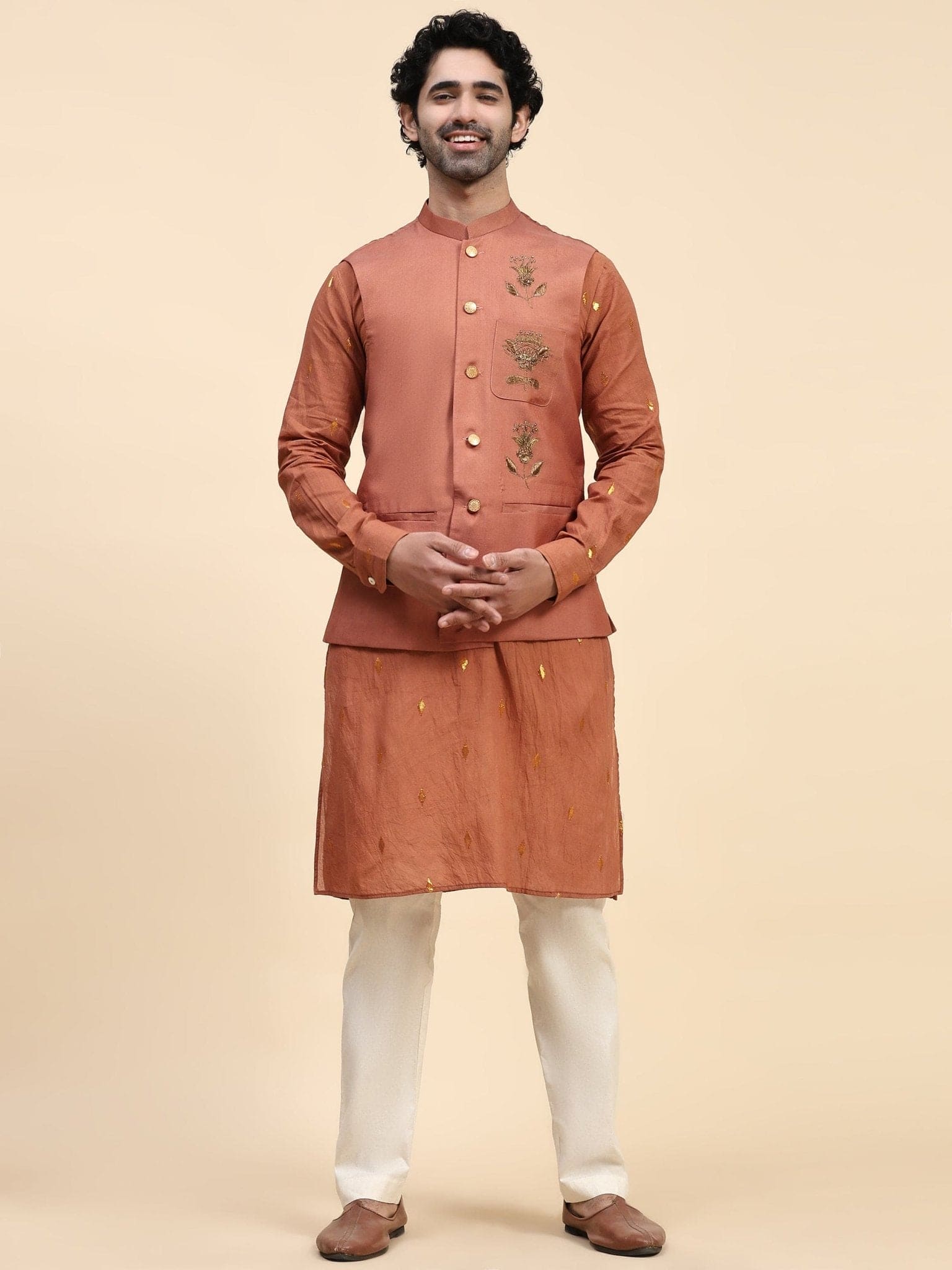 Cotton Men Kurta Set - Rust Brown - Charkha TalesCotton Men Kurta Set - Rust Brown