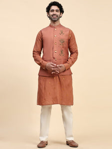 Cotton Men Kurta Set - Rust Brown