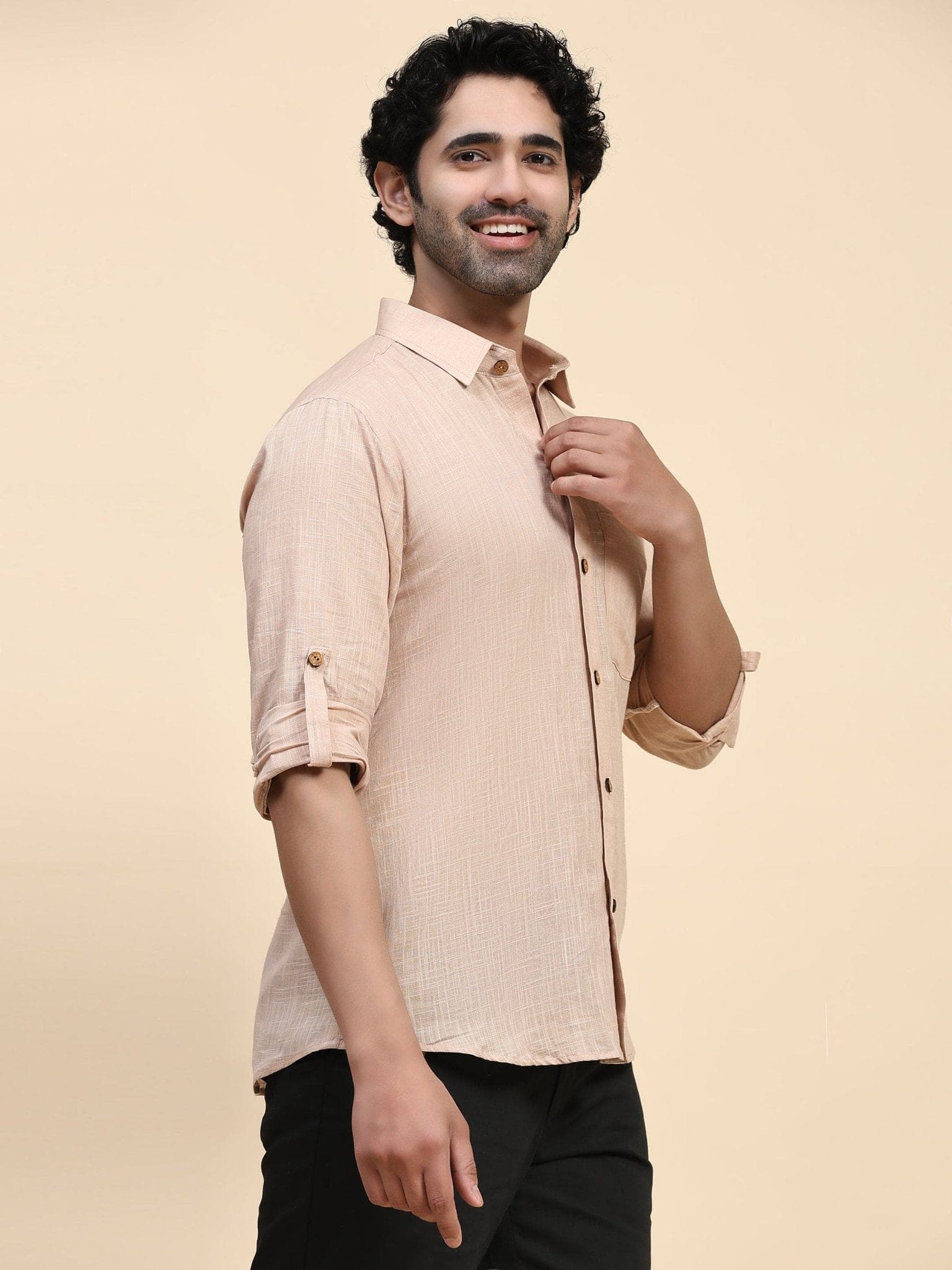 Cotton Men Shirt - Beige - Charkha TalesCotton Men Shirt - Beige