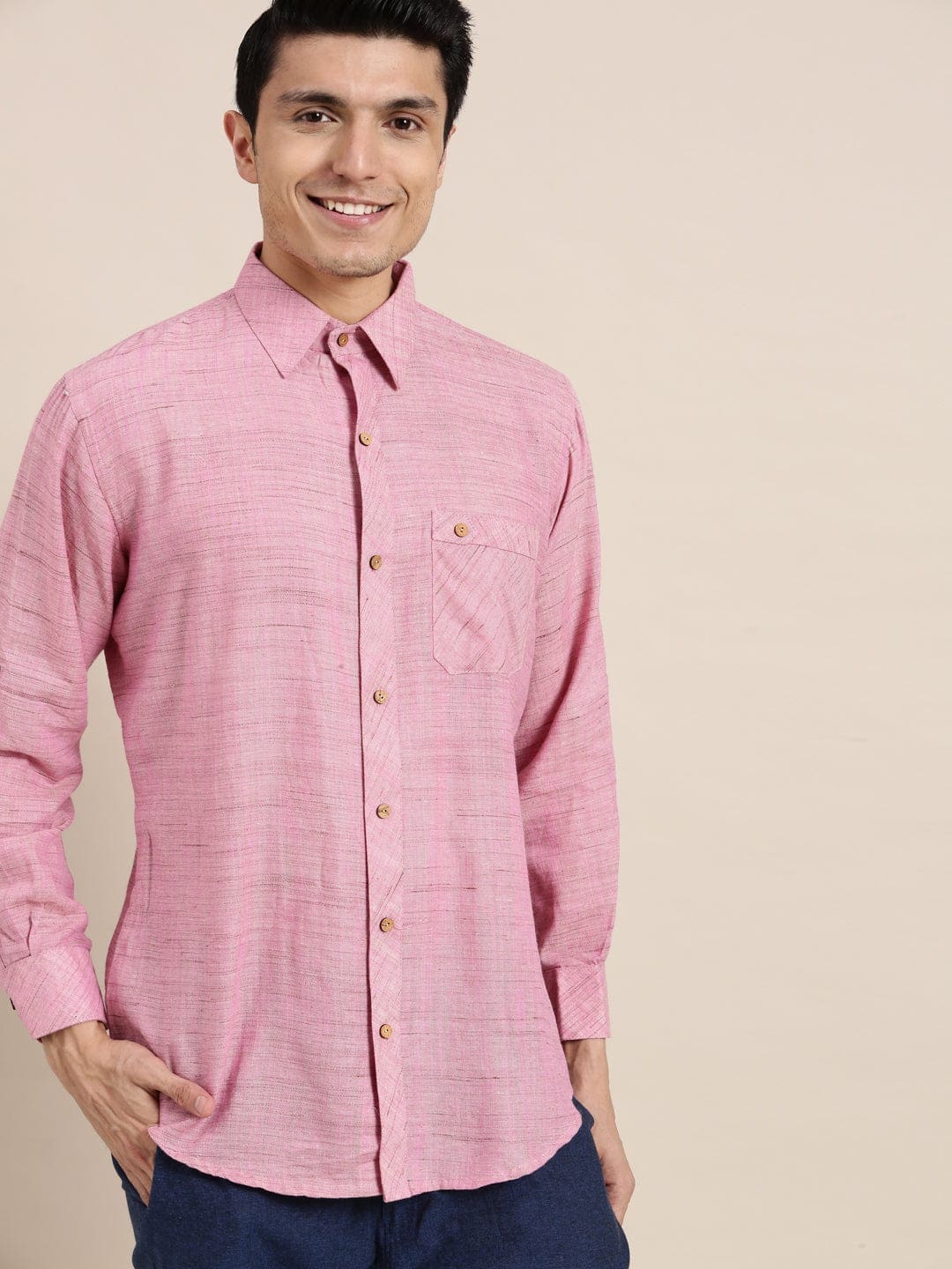 Cotton Men Shirt - Pink - Charkha TalesCotton Men Shirt - Pink