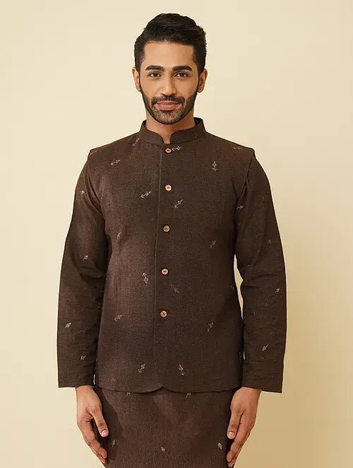 Cotton Nehru Jacket - Dark Brown - Charkha TalesCotton Nehru Jacket - Dark Brown