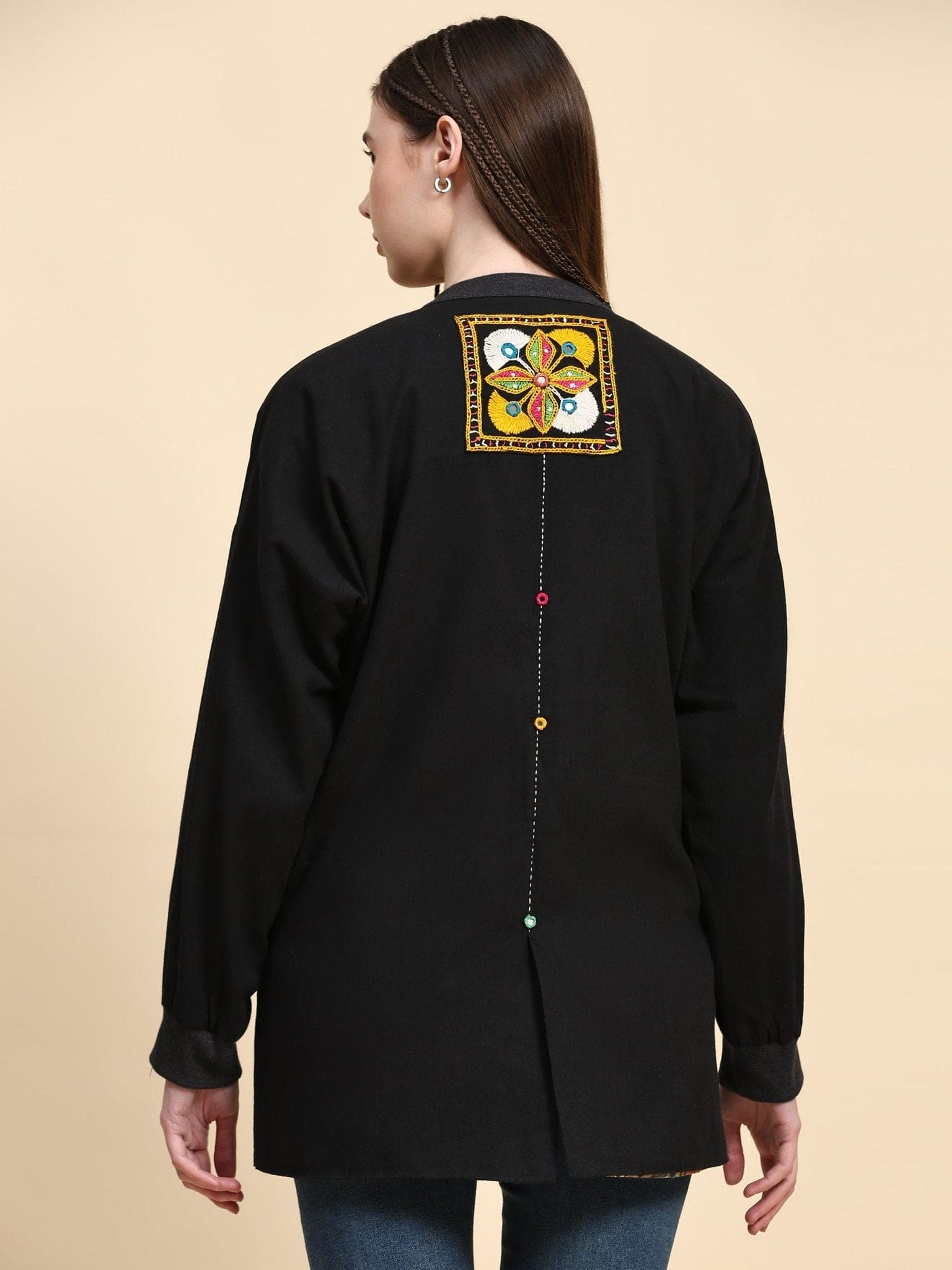 Cotton Woolen Mirror Jacket - Black - Charkha TalesCotton Woolen Mirror Jacket - Black