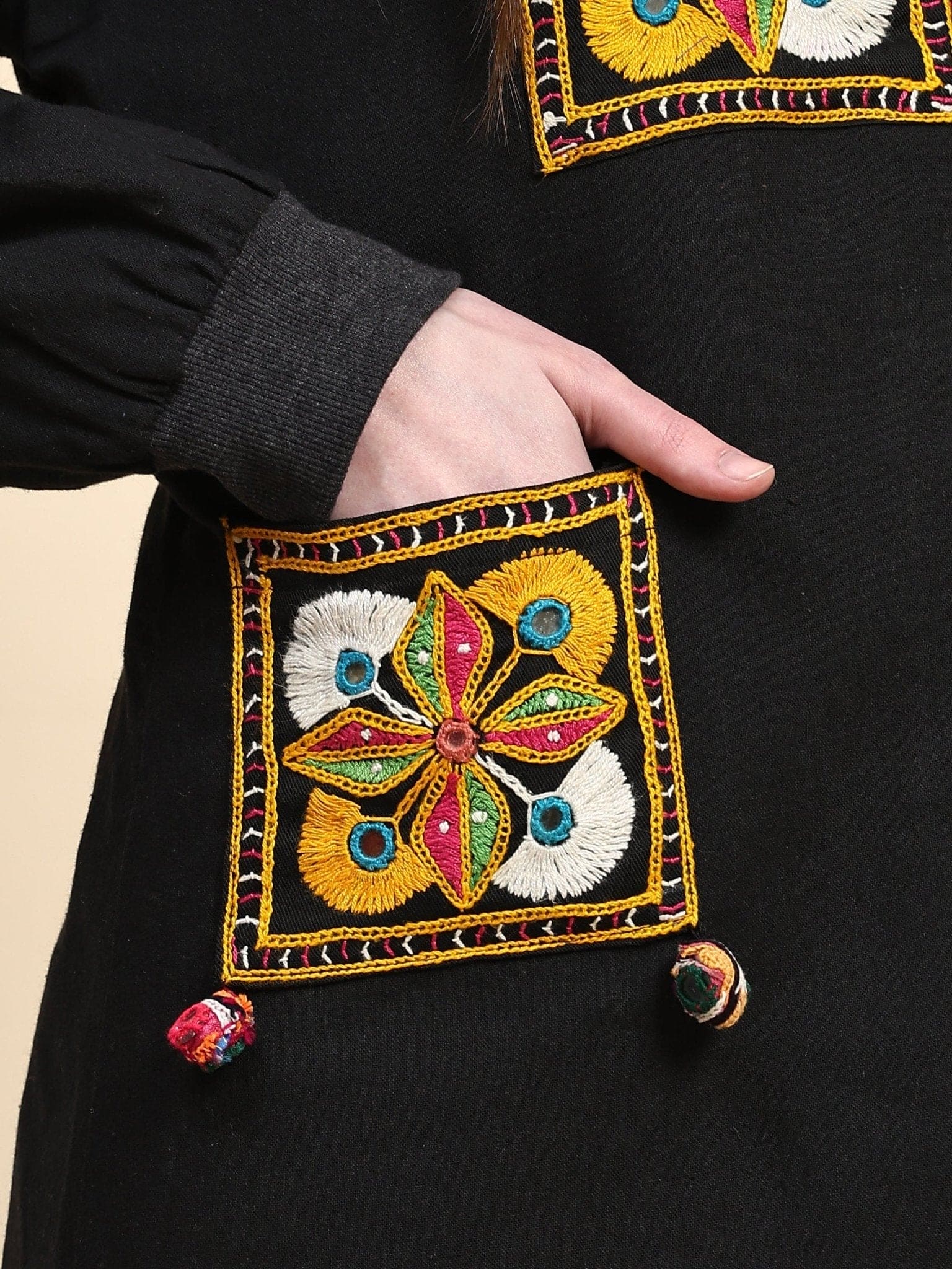 Cotton Woolen Mirror Jacket - Black - Charkha TalesCotton Woolen Mirror Jacket - Black