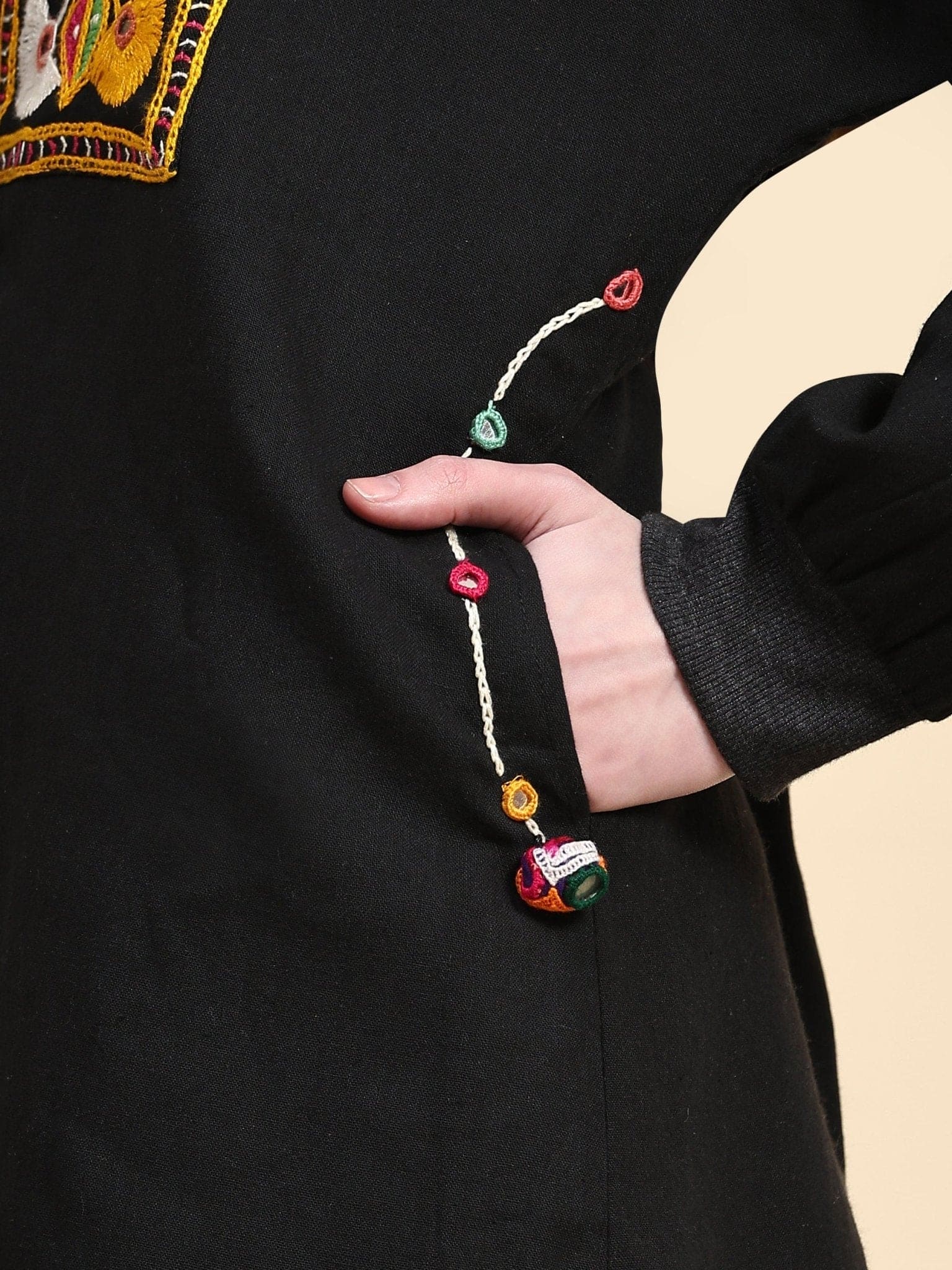 Cotton Woolen Mirror Jacket - Black - Charkha TalesCotton Woolen Mirror Jacket - Black