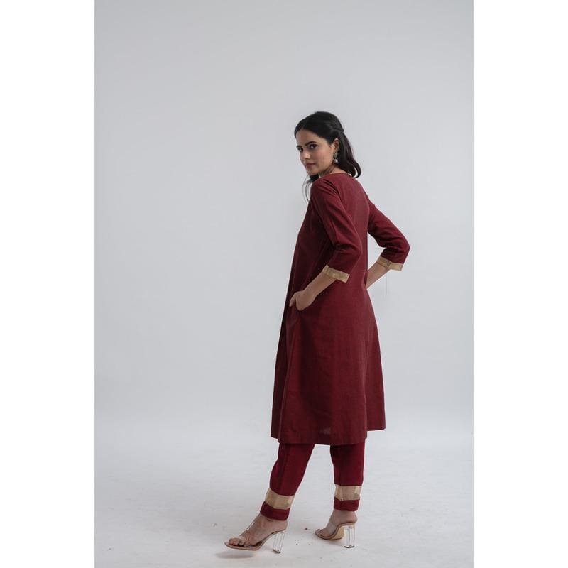 Cotton Zari Kurta Set - Maroon - Charkha TalesCotton Zari Kurta Set - Maroon