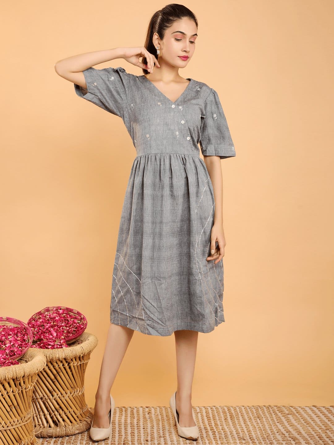 Dabka Aari Embroidered Khadi Dress - Grey - Charkha TalesDabka Aari Embroidered Khadi Dress - Grey