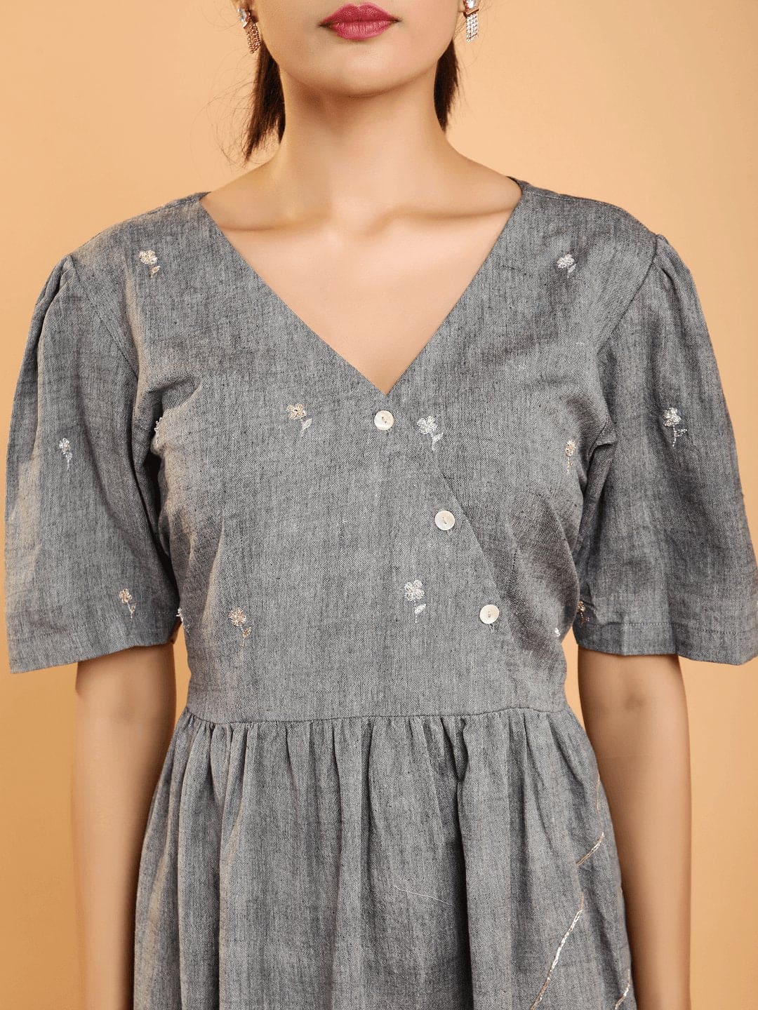 Dabka Aari Embroidered Khadi Dress - Grey - Charkha TalesDabka Aari Embroidered Khadi Dress - Grey