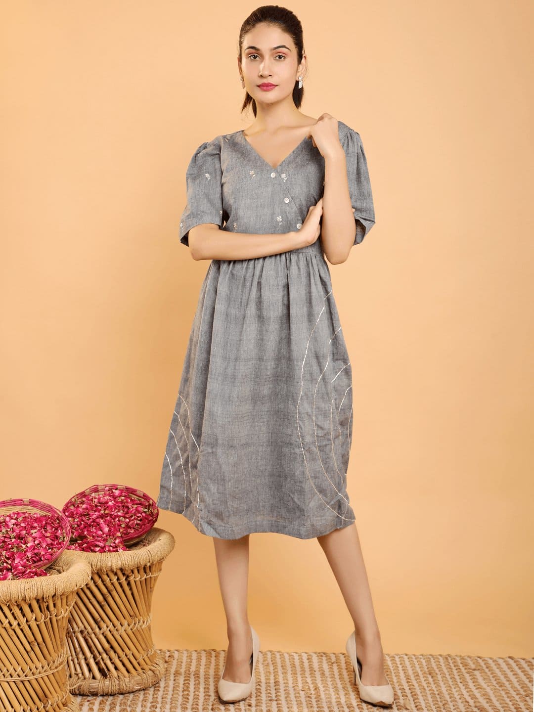 Dabka Aari Embroidered Khadi Dress - Grey - Charkha TalesDabka Aari Embroidered Khadi Dress - Grey