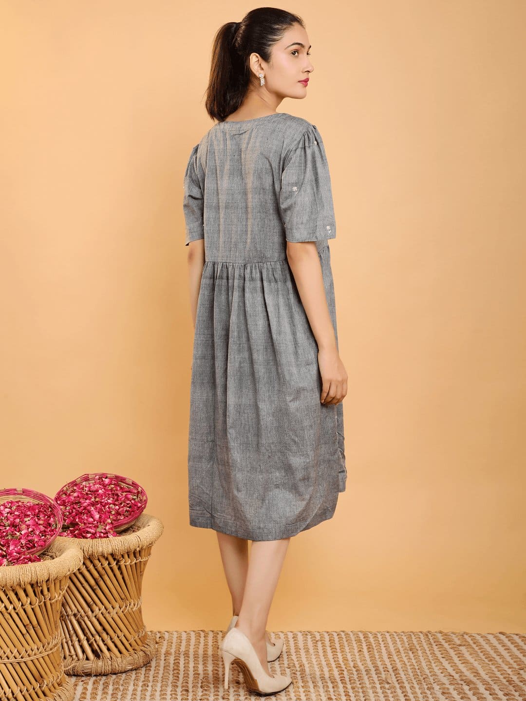Dabka Aari Embroidered Khadi Dress - Grey - Charkha TalesDabka Aari Embroidered Khadi Dress - Grey