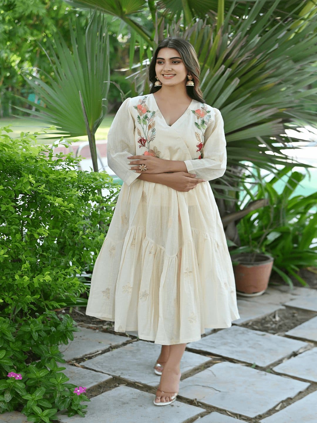 Dainty Dazzel Flared Dress - Off - White - Charkha TalesDainty Dazzel Flared Dress - Off - White