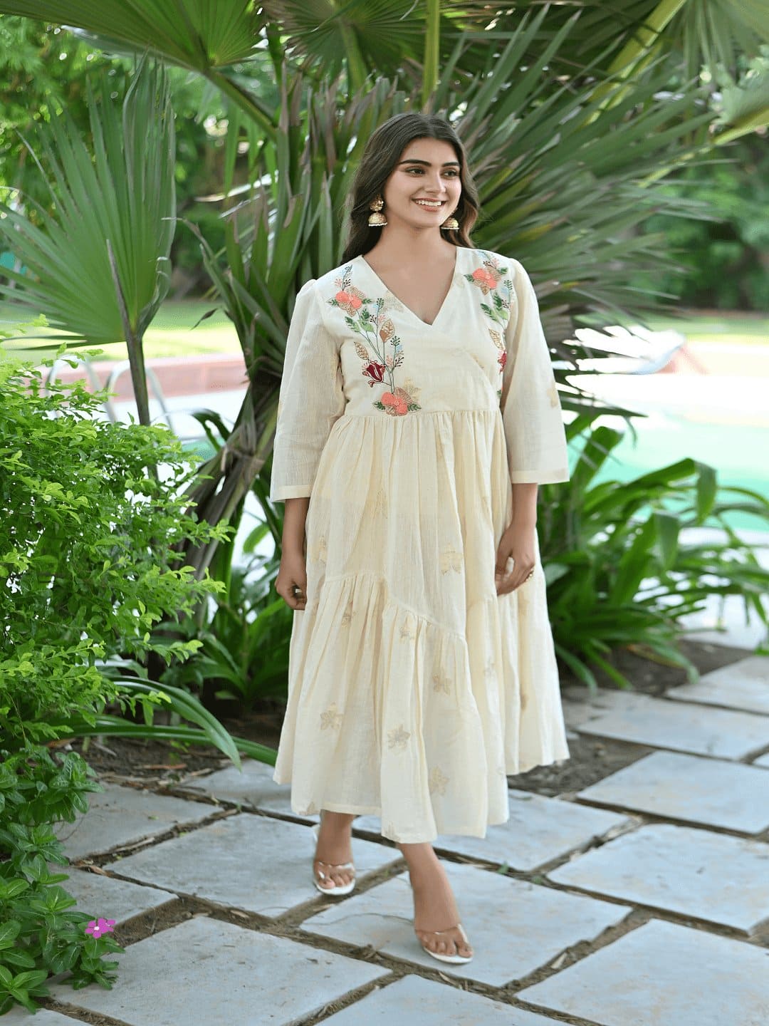 Dainty Dazzel Flared Dress - Off - White - Charkha TalesDainty Dazzel Flared Dress - Off - White
