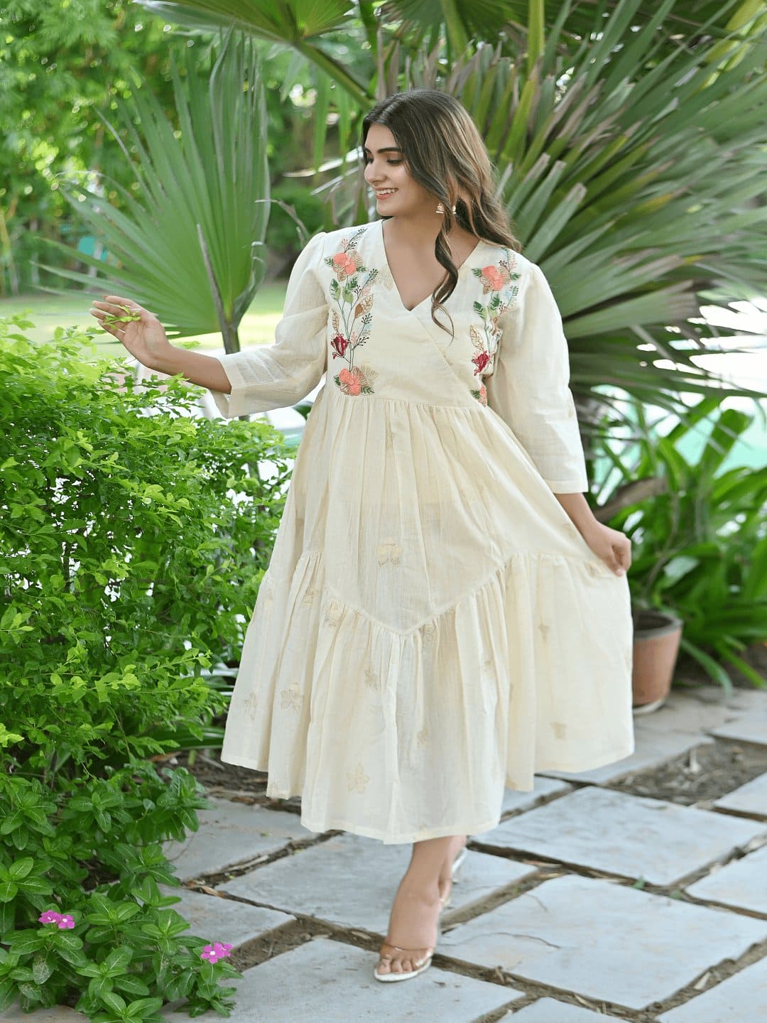 Dainty Dazzle Flared Dress for Women - Off-White Elegance Charkha Tales Dainty Dazzle Flared Dress for Women - Off-White Elegance Charkha Tales
