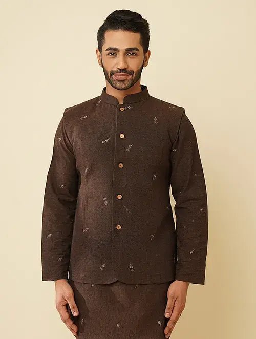 Dark Brown Cotton Nehru Jacket - Charkha TalesDark Brown Cotton Nehru Jacket