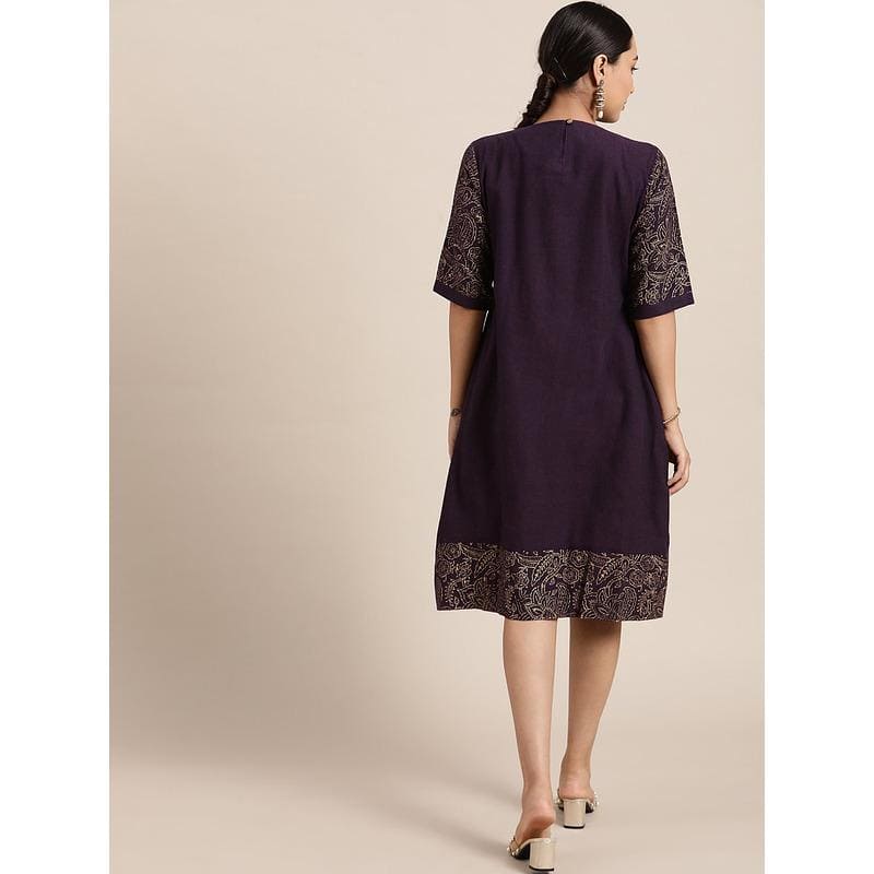 Dark Purple Block print Cotton Dress - Charkha TalesDark Purple Block print Cotton Dress
