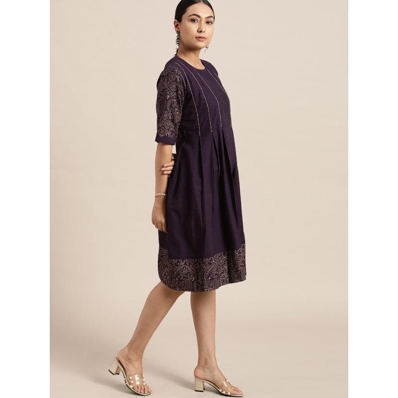 Dark Purple Block print Cotton Dress - Charkha TalesDark Purple Block print Cotton Dress