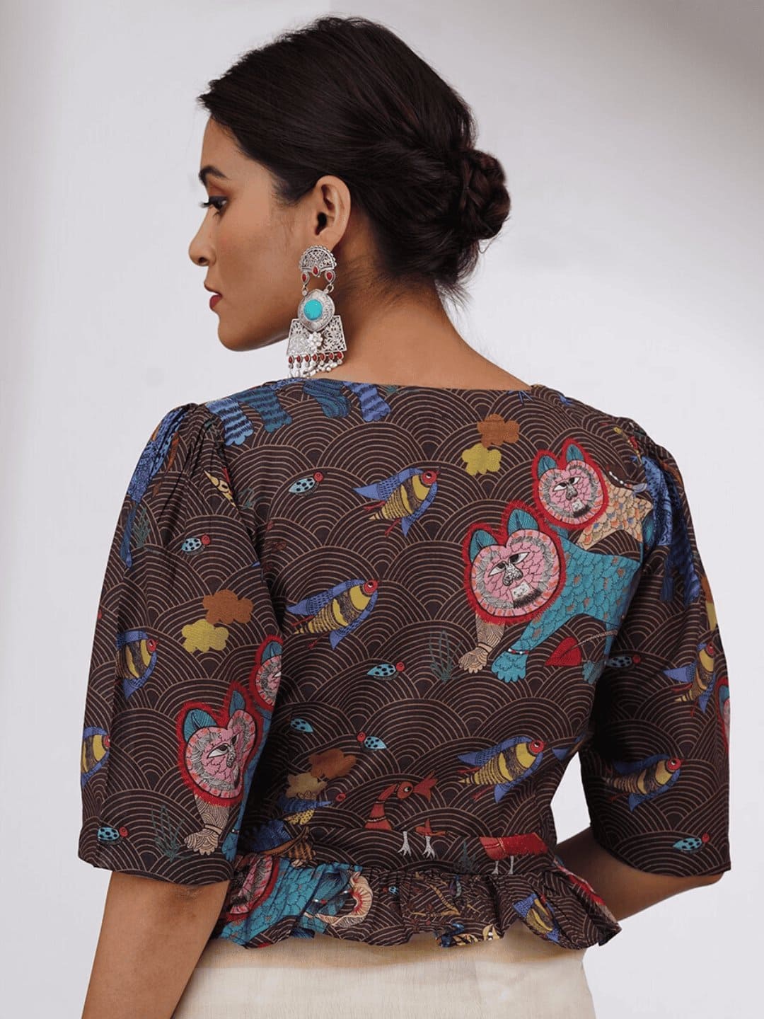 Digital Mulberry Silk Blouse - Brown - Charkha TalesDigital Mulberry Silk Blouse - Brown