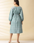 Dust Blue Hand Stitched Lotus Dress - Charkha TalesDust Blue Hand Stitched Lotus Dress