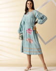 Dust Blue Hand Stitched Lotus Dress - Charkha TalesDust Blue Hand Stitched Lotus Dress