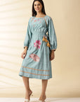 Dust Blue Hand Stitched Lotus Dress - Charkha TalesDust Blue Hand Stitched Lotus Dress