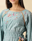 Dust Blue Hand Stitched Lotus Dress - Charkha TalesDust Blue Hand Stitched Lotus Dress