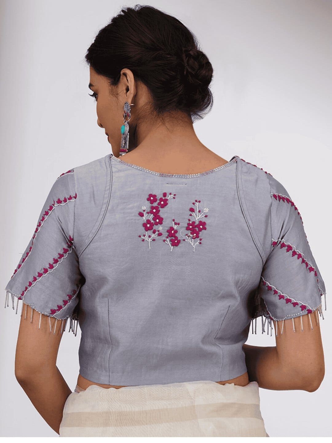 Embroiderd Chanderi Silk Blouse - Grey - Charkha TalesEmbroiderd Chanderi Silk Blouse - Grey