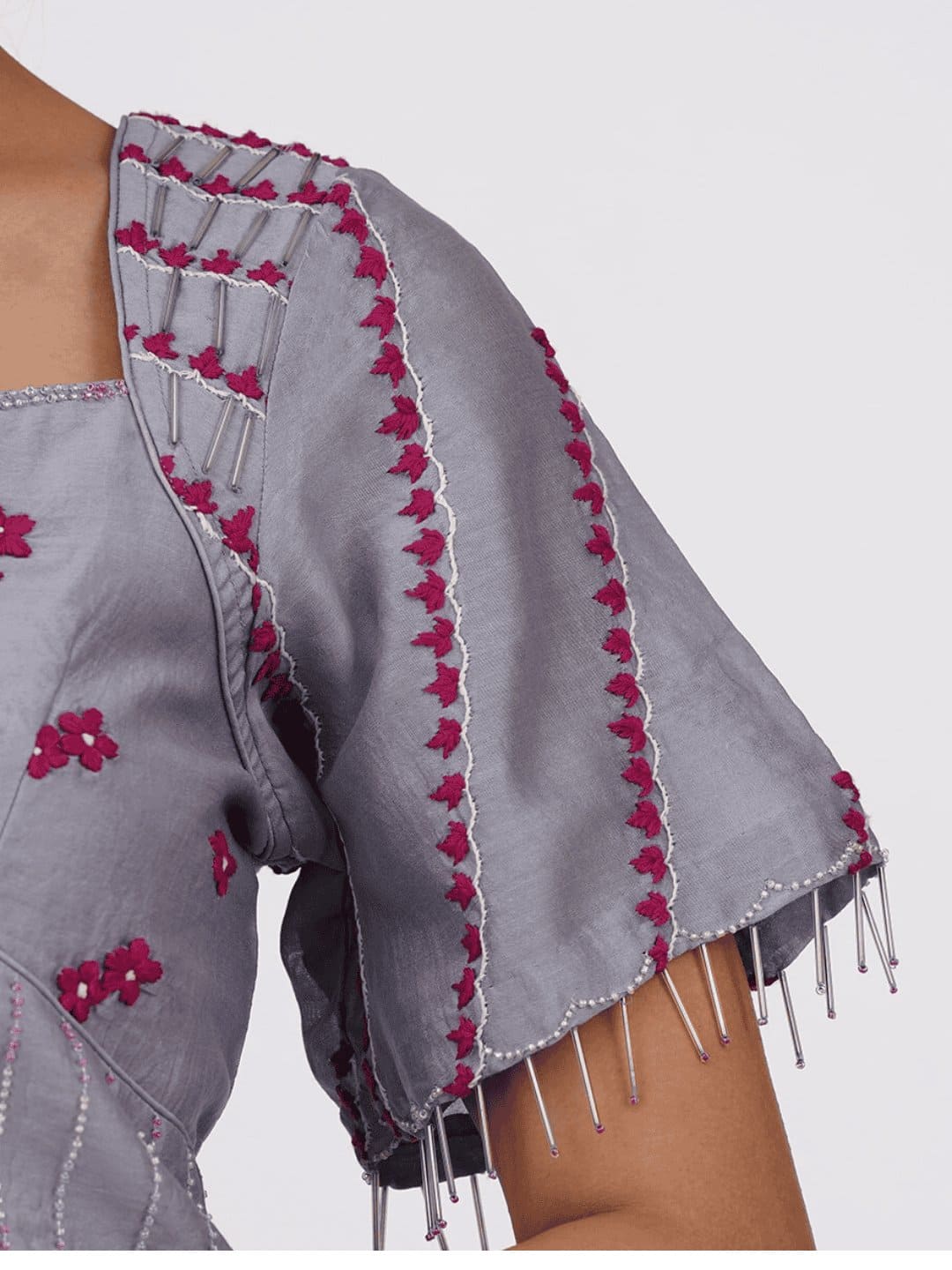 Embroiderd Chanderi Silk Blouse - Grey - Charkha TalesEmbroiderd Chanderi Silk Blouse - Grey