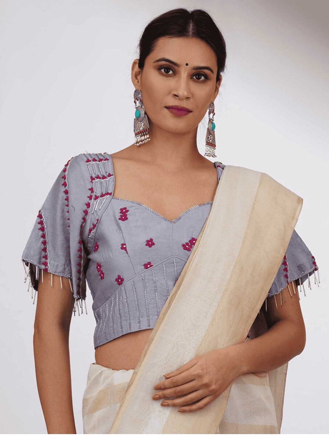 Embroiderd Chanderi Silk Blouse - Grey - Charkha TalesEmbroiderd Chanderi Silk Blouse - Grey