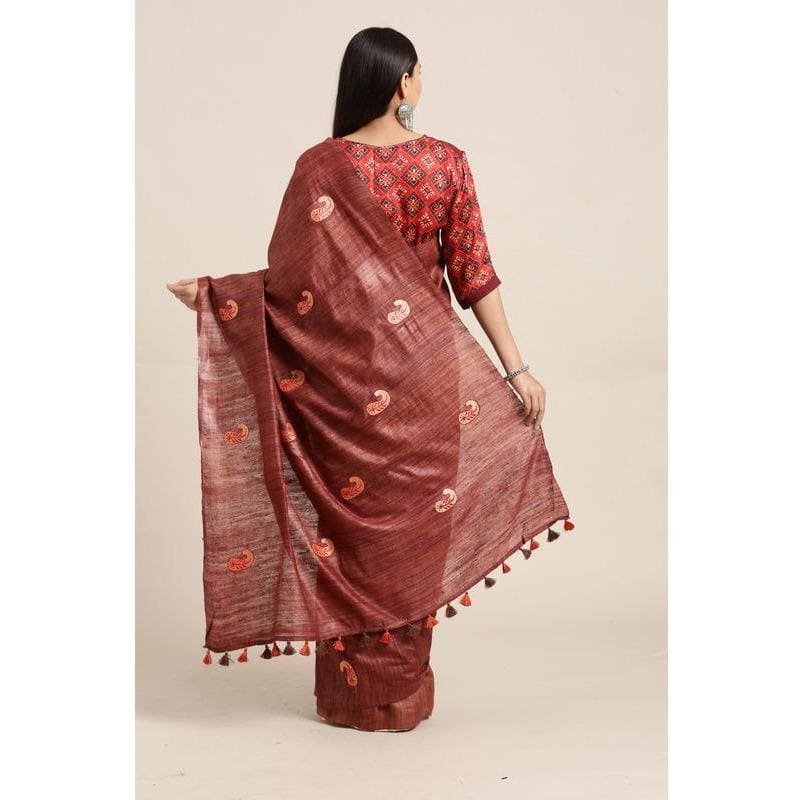 Embroidered Butta Saree - Brown - Charkha TalesEmbroidered Butta Saree - Brown