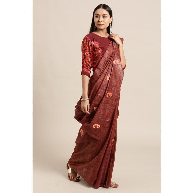 Embroidered Butta Saree - Brown - Charkha TalesEmbroidered Butta Saree - Brown
