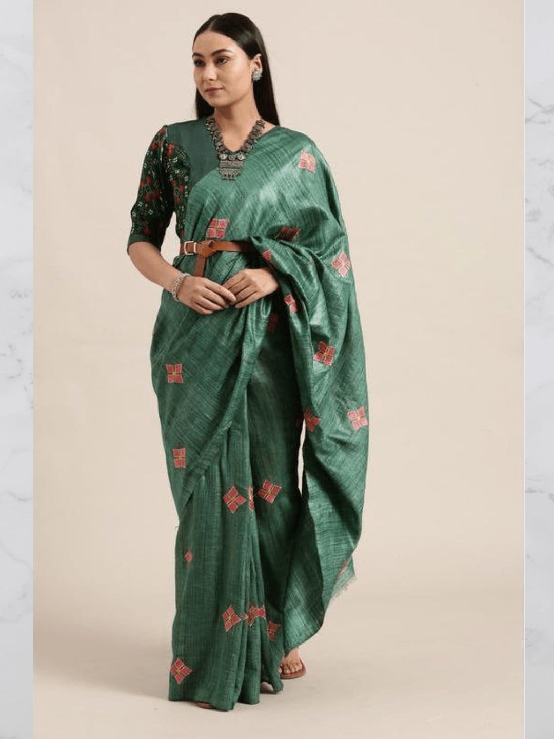 Embroidered Butta Silk Saree - Green - Charkha TalesEmbroidered Butta Silk Saree - Green