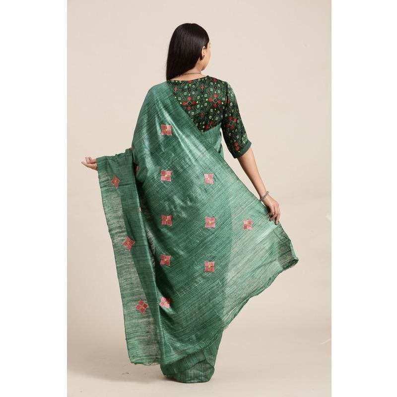 Embroidered Butta Silk Saree - Green - Charkha TalesEmbroidered Butta Silk Saree - Green