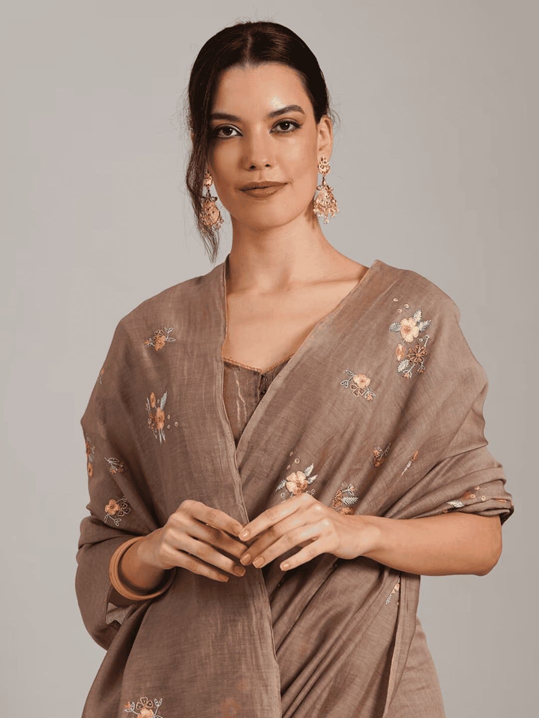 Embroidered Chanderi Saree - Copper Brown - Charkha TalesEmbroidered Chanderi Saree - Copper Brown