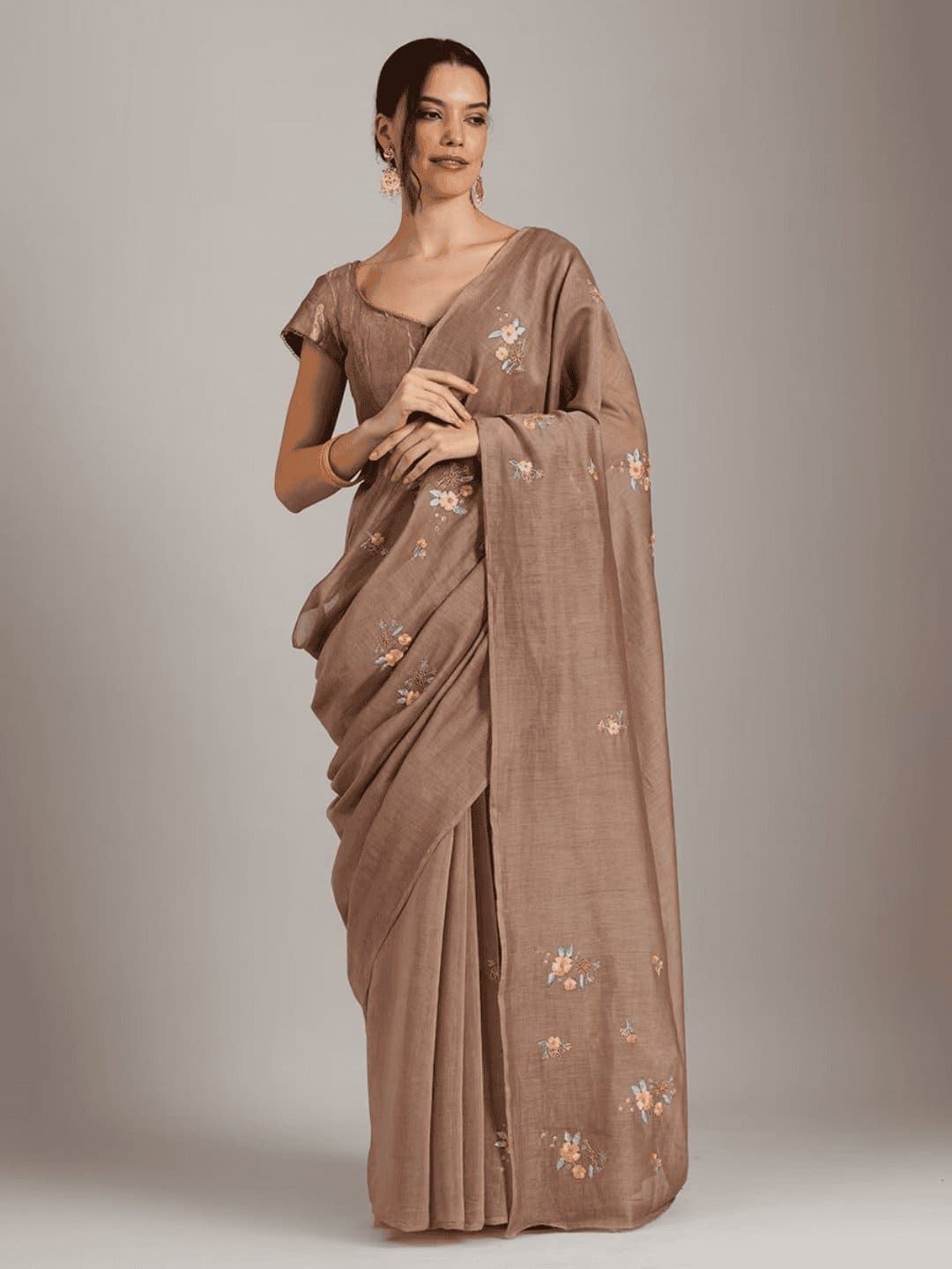 Embroidered Chanderi Saree - Copper Brown - Charkha TalesEmbroidered Chanderi Saree - Copper Brown