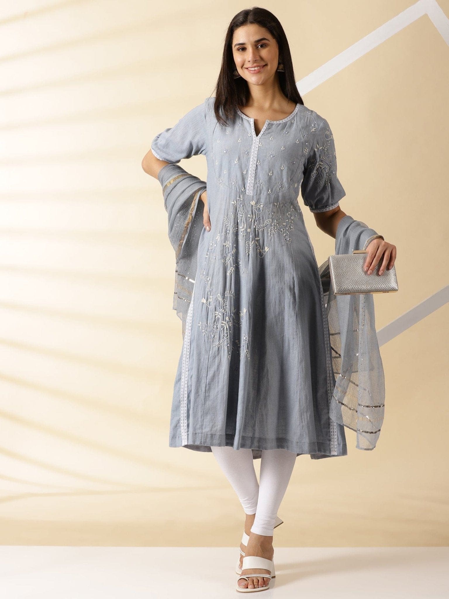 Embroidered Chikankari Kurta Set - Grey - Charkha TalesEmbroidered Chikankari Kurta Set - Grey