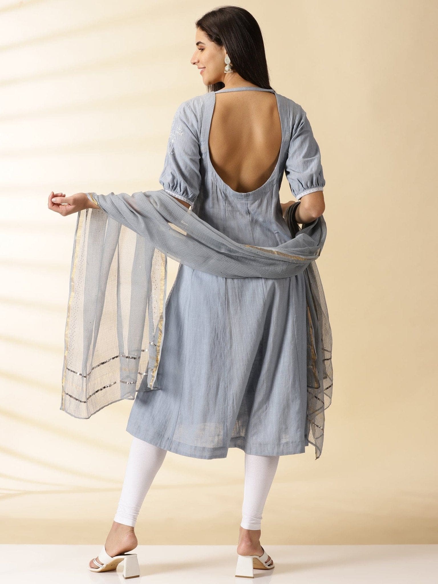 Embroidered Chikankari Kurta Set - Grey - Charkha TalesEmbroidered Chikankari Kurta Set - Grey