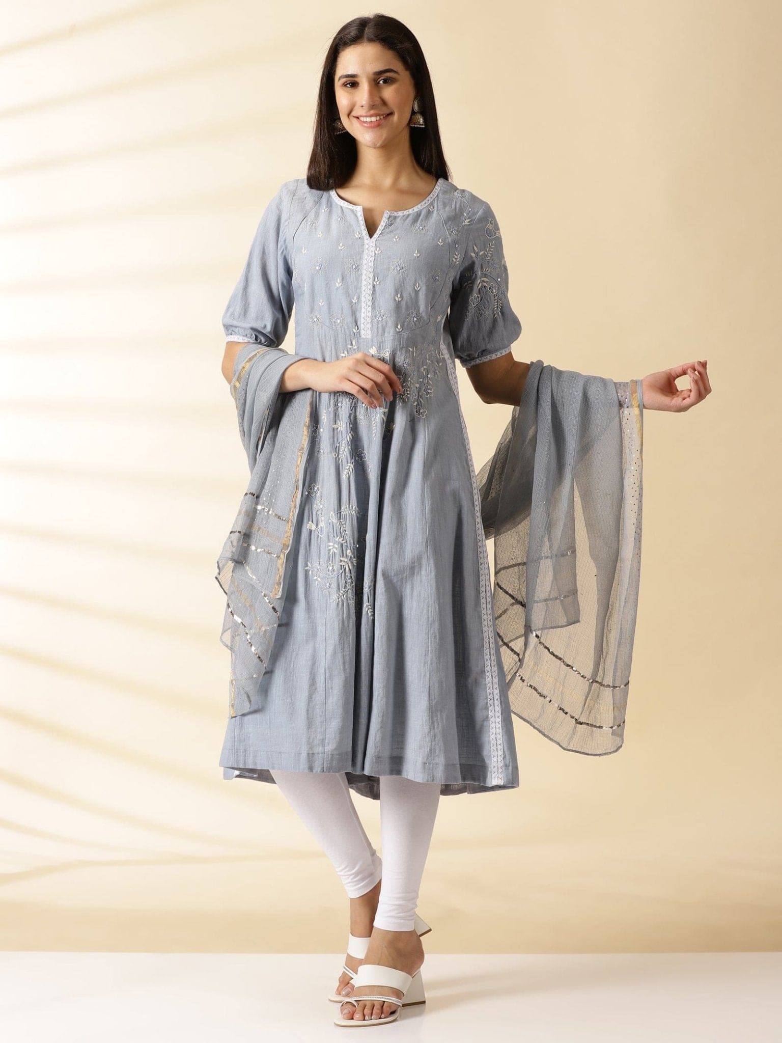 Embroidered Chikankari Kurta Set - Grey - Charkha TalesEmbroidered Chikankari Kurta Set - Grey